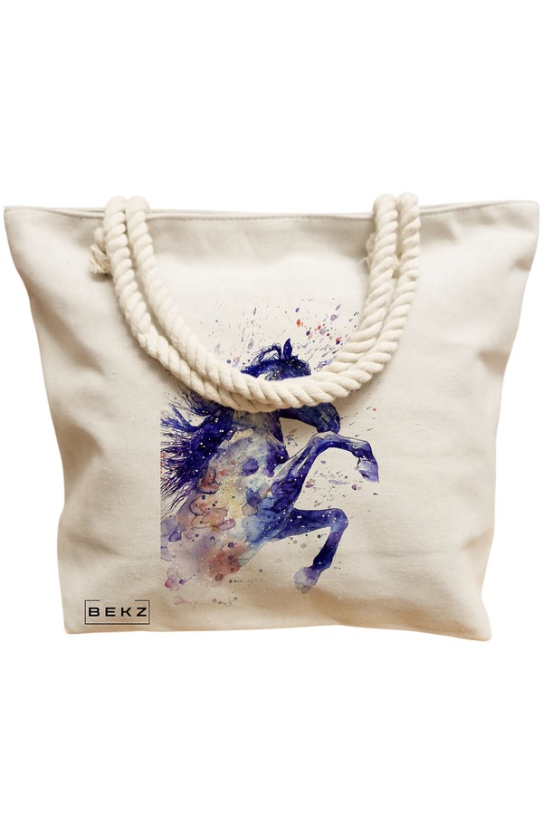 Geanta Canvas Tote pentru femei, model Watercolor Horse, 40x51 cm, Bej, BEKZ® 12 model Watercolor Horse