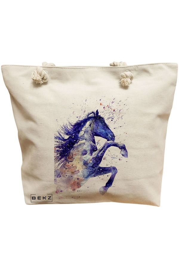 Geanta Canvas Tote pentru femei, model Watercolor Horse, 40x51 cm, Bej, BEKZ® 11 Geanta Canvas Tote pentru femei