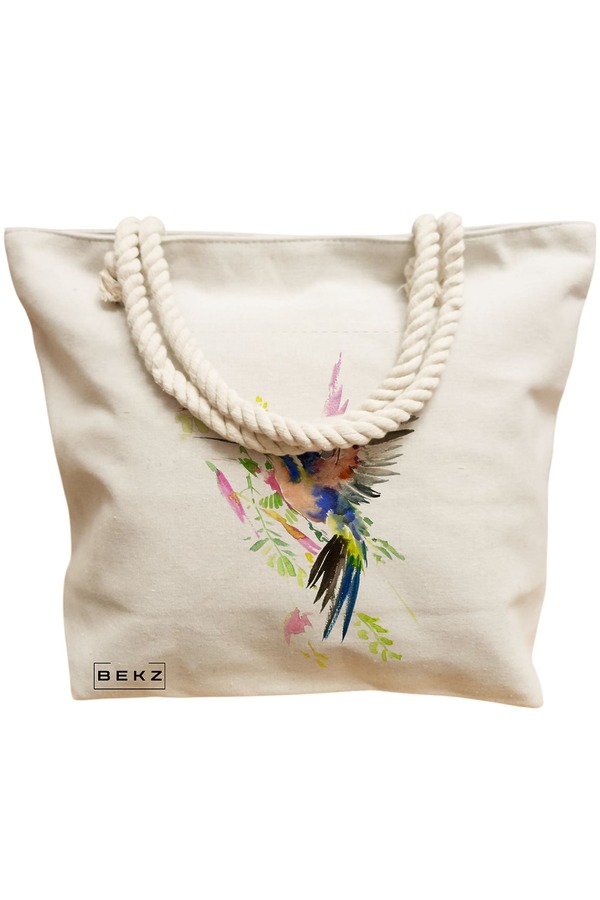 Geanta Canvas Tote pentru femei, model Watercolor Bird, 40x51 cm, Bej, BEKZ® 12 model Watercolor Bird