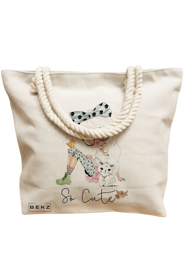 Geanta Canvas Tote pentru femei, model So Cute, 40x51 cm, Bej, BEKZ® 12 model So Cute