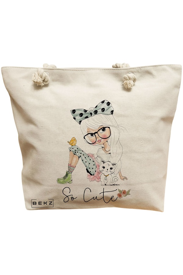 Geanta Canvas Tote pentru femei, model So Cute, 40x51 cm, Bej, BEKZ® 11 Geanta Canvas Tote pentru femei