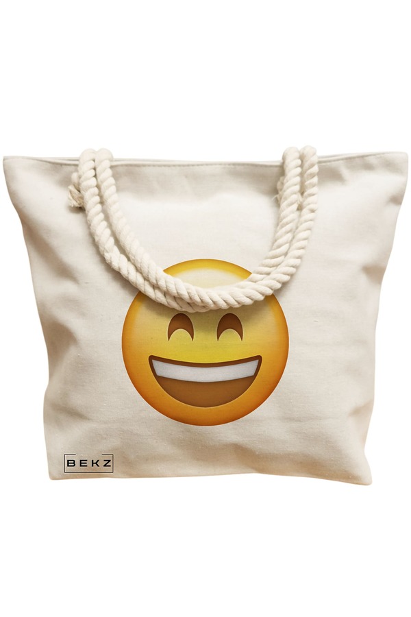 Geanta Canvas Tote pentru femei, model Happy Emoji, 40x51 cm, Bej, BEKZ® 12 model Happy Emoji