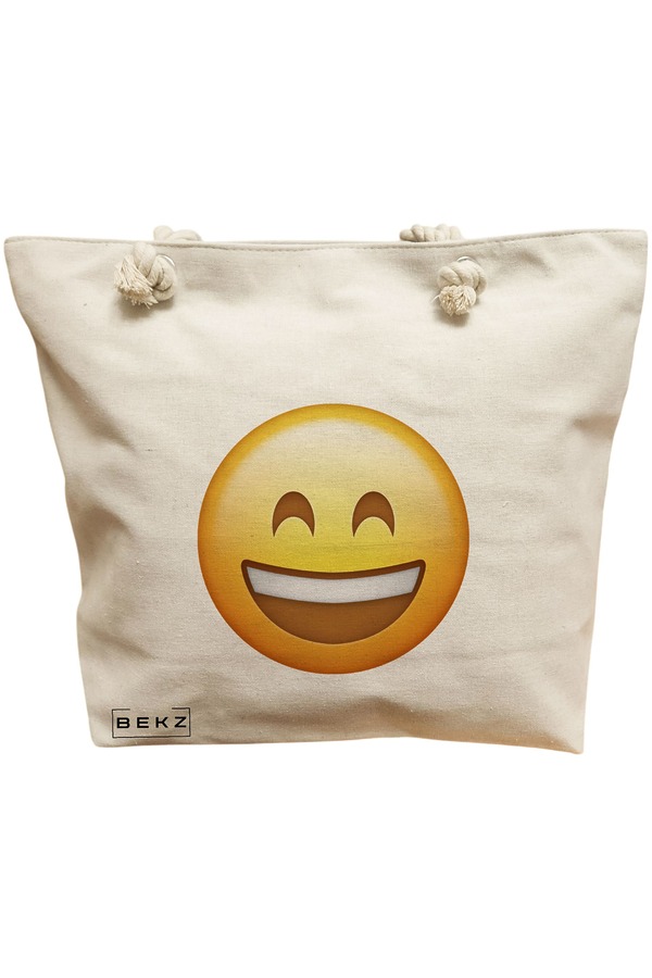 Geanta Canvas Tote pentru femei, model Happy Emoji, 40x51 cm, Bej, BEKZ® 11 Geanta Canvas Tote pentru femei