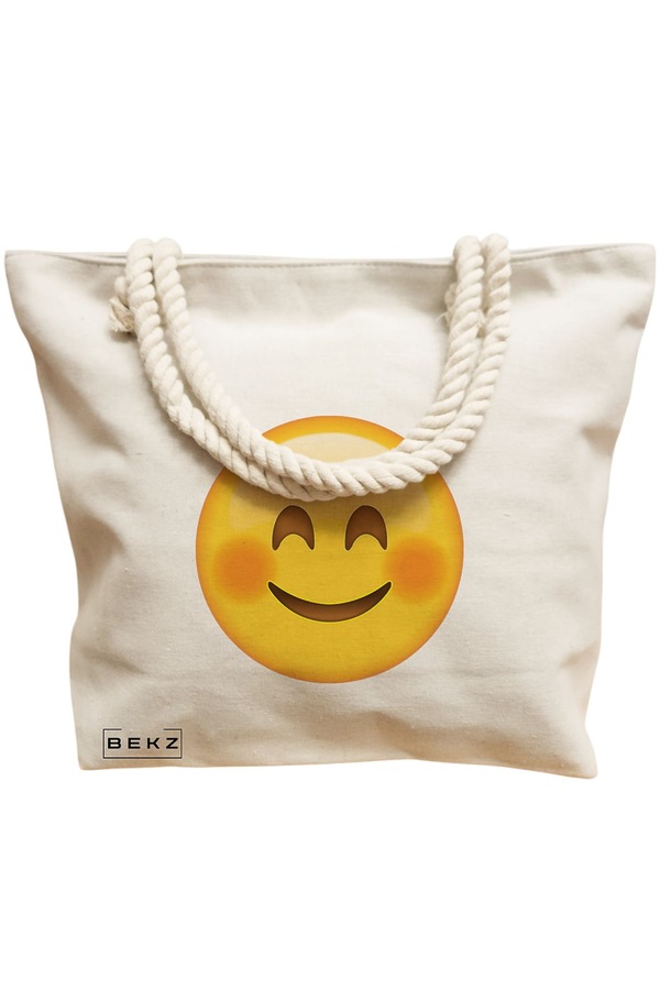 Geanta Canvas Tote pentru femei, model Smiling Emoji, 40x51 cm, Bej, BEKZ® 12 model Smiling Emoji