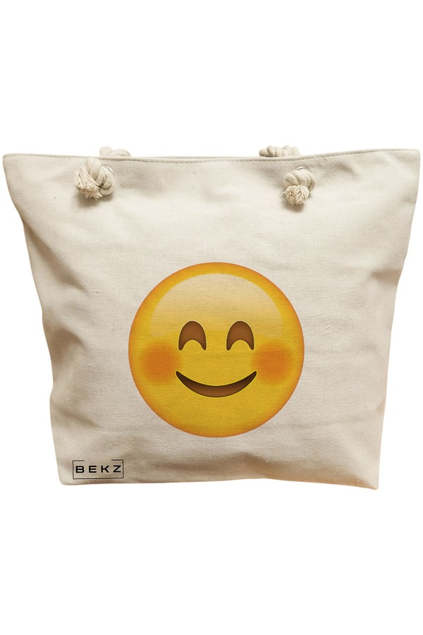 Geanta Canvas Tote pentru femei, model Smiling Emoji, 40x51 cm, Bej, BEKZ® 11 Geanta Canvas Tote pentru femei
