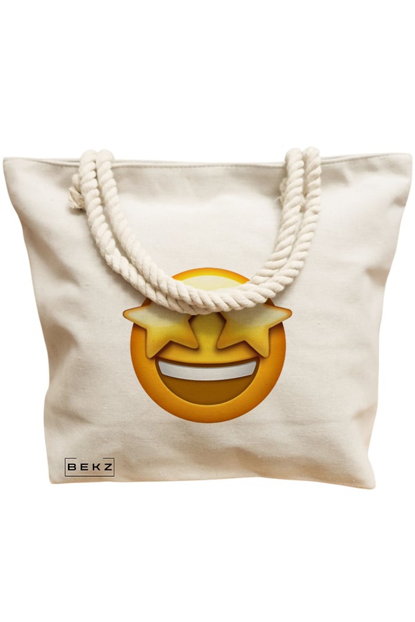 Geanta Canvas Tote pentru femei, model Wow Emoji, 40x51 cm, Bej, BEKZ® 12 model Wow Emoji