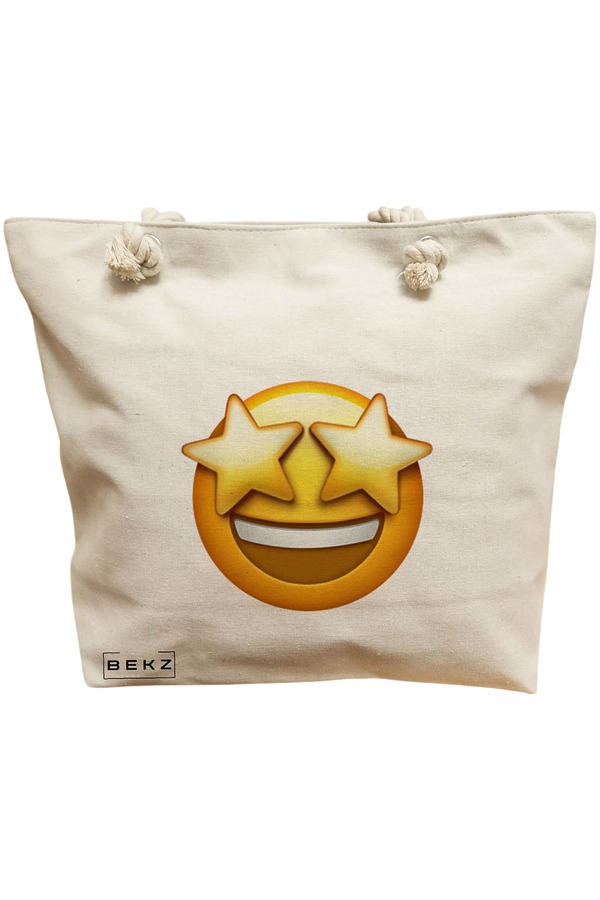 Geanta Canvas Tote pentru femei, model Wow Emoji, 40x51 cm, Bej, BEKZ® 11 Geanta Canvas Tote pentru femei