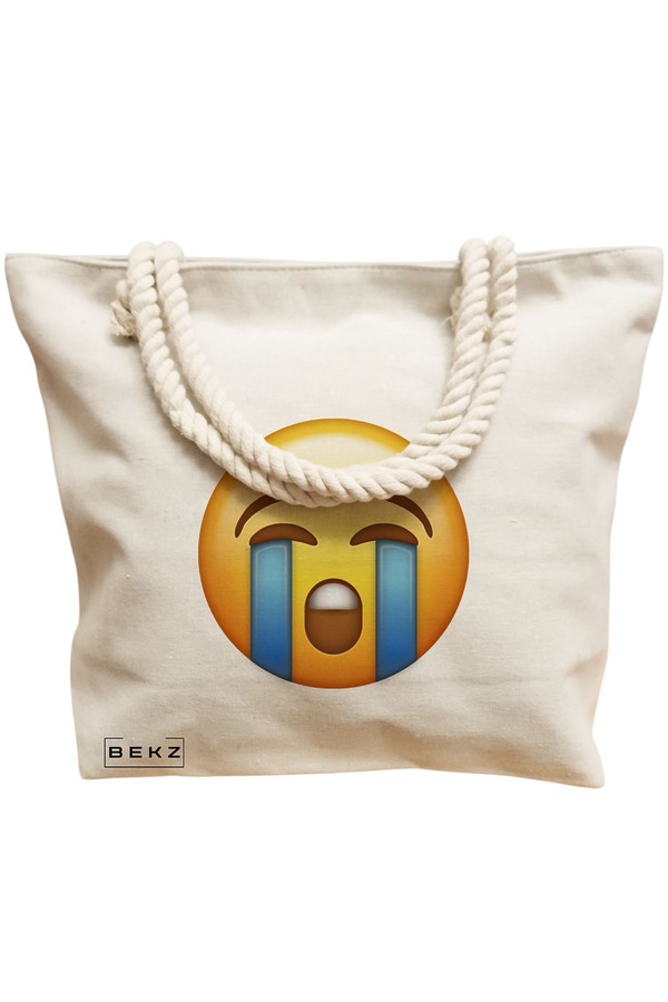 Geanta Canvas Tote pentru femei, model Crying Emoji, 40x51 cm, Bej, BEKZ® 2 model Crying Emoji