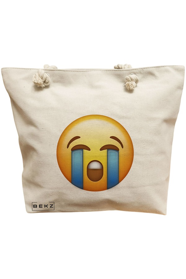 Geanta Canvas Tote pentru femei, model Crying Emoji, 40x51 cm, Bej, BEKZ® 1 Geanta Canvas Tote pentru femei