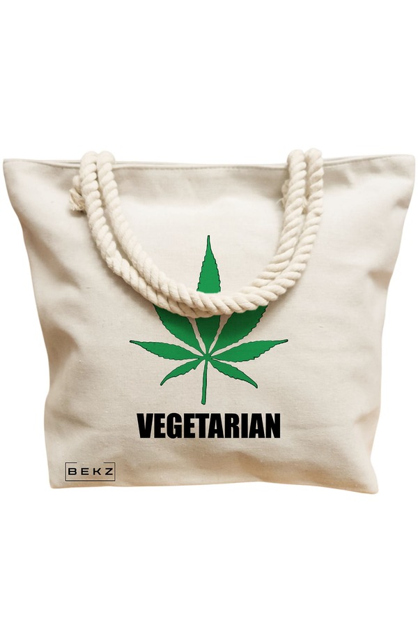 Geanta Canvas Tote pentru femei, model Vegetarian, 40x51 cm, Bej, BEKZ® 12 model Vegetarian