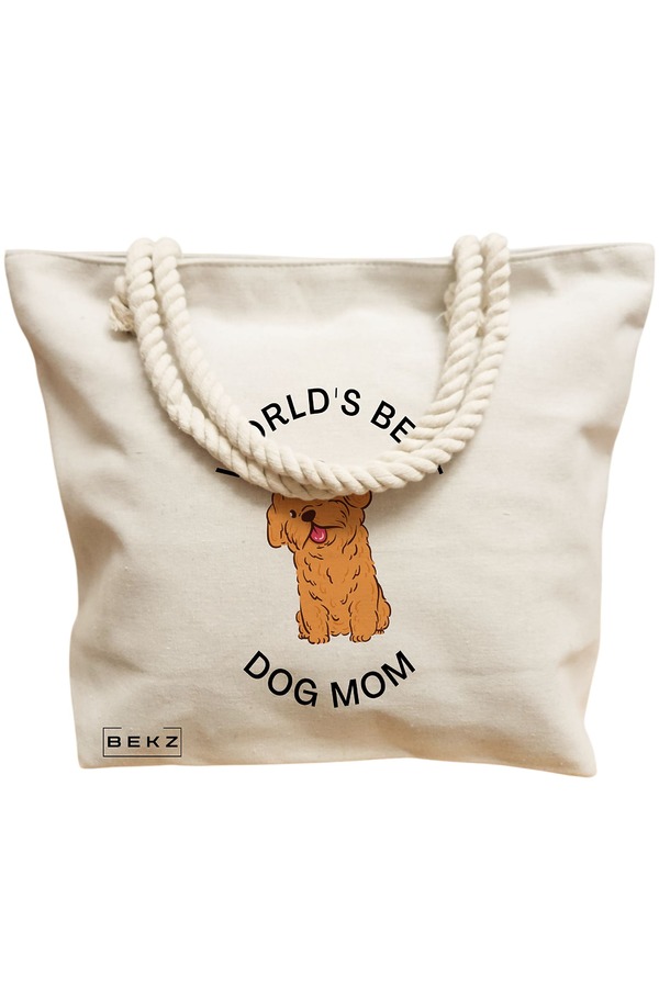 Geanta Canvas Tote pentru femei, model World’s best dog mom, 40x51 cm, Bej, BEKZ® 12 model World’s best dog mom