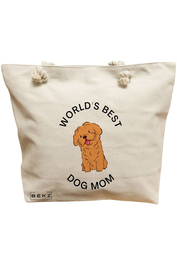 Geanta Canvas Tote pentru femei, model World’s best dog mom, 40x51 cm, Bej, BEKZ® 11 Geanta Canvas Tote pentru femei
