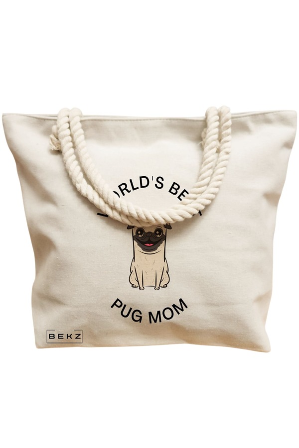 Geanta Canvas Tote pentru femei, model World’s best pug mom, 40x51 cm, Bej, BEKZ® 12 model World’s best pug mom