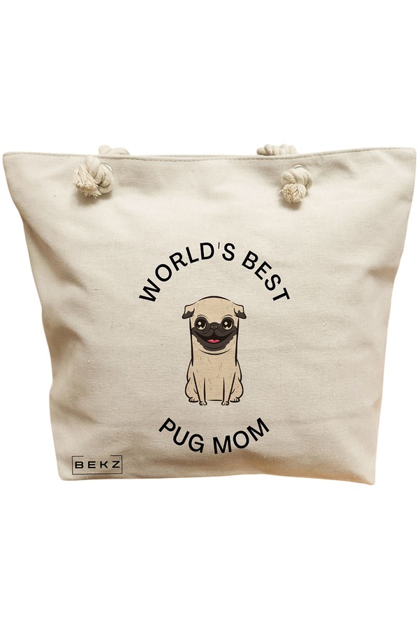Geanta Canvas Tote pentru femei, model World’s best pug mom, 40x51 cm, Bej, BEKZ® 11 Geanta Canvas Tote pentru femei