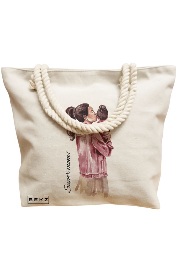 Geanta Canvas Tote pentru femei, model Super Mom 2, 40x51 cm, Bej, BEKZ® 12 model Super Mom 2