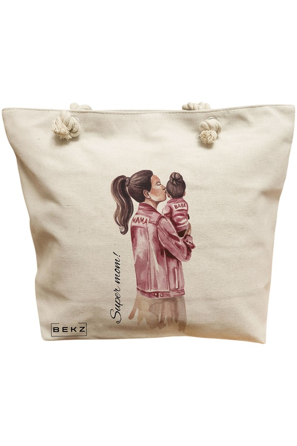 Geanta Canvas Tote pentru femei, model Super Mom 2, 40x51 cm, Bej, BEKZ® 11 Geanta Canvas Tote pentru femei
