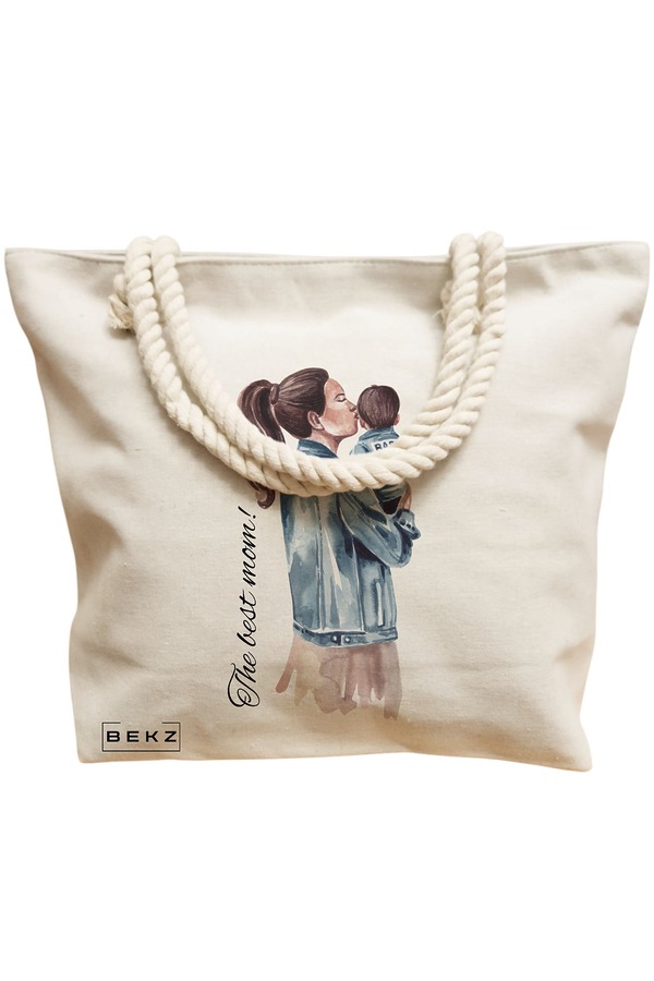 Geanta Canvas Tote pentru femei, model The best mom, 40x51 cm, Bej, BEKZ® 12 model The best mom