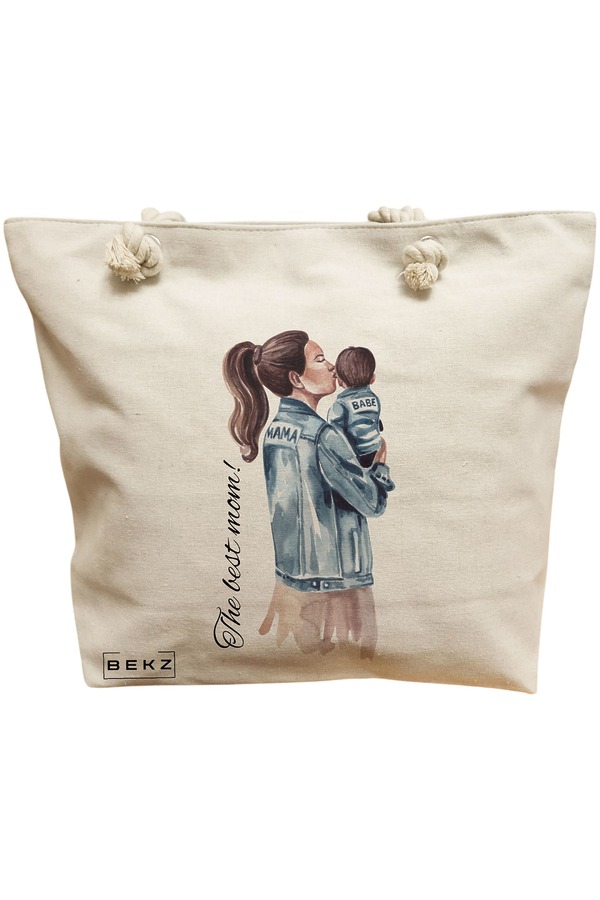 Geanta Canvas Tote pentru femei, model The best mom, 40x51 cm, Bej, BEKZ® 11 Geanta Canvas Tote pentru femei