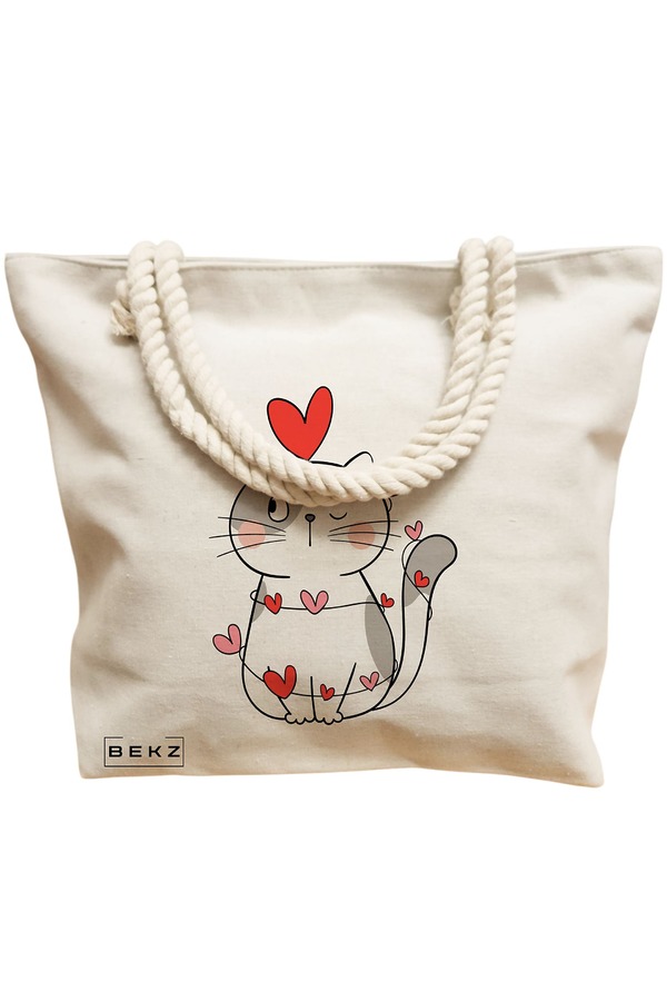 Geanta Canvas Tote pentru femei, model Kitty Love, 40x51 cm, Bej, BEKZ® 12 model Kitty Love