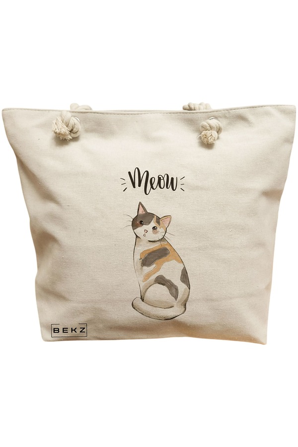 Geanta Canvas Tote pentru femei, model Meow 2, 40x51 cm, Bej, BEKZ® 11 Geanta Canvas Tote pentru femei