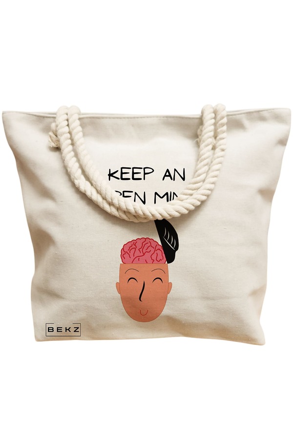 Geanta Canvas Tote pentru femei, model Keep an open mind, 40x51 cm, Bej, BEKZ® 12 model Keep an open mind