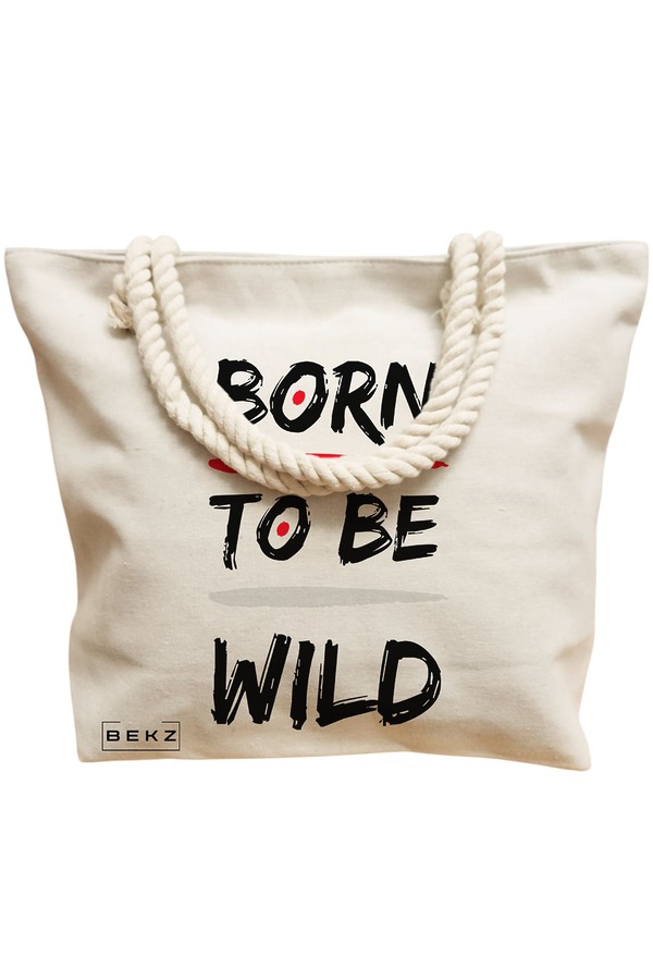 Geanta Canvas Tote pentru femei, model Born to be wild, 40x51 cm, Bej, BEKZ® 12 model Born to be wild
