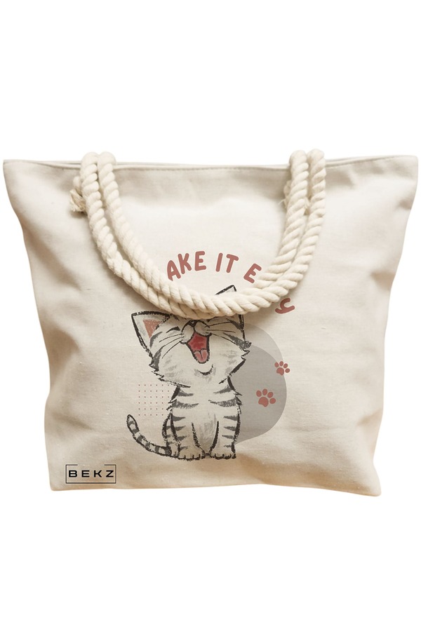Geanta Canvas Tote pentru femei, model Take it Easy, 40x51 cm, Bej, BEKZ® 12 model Take it Easy