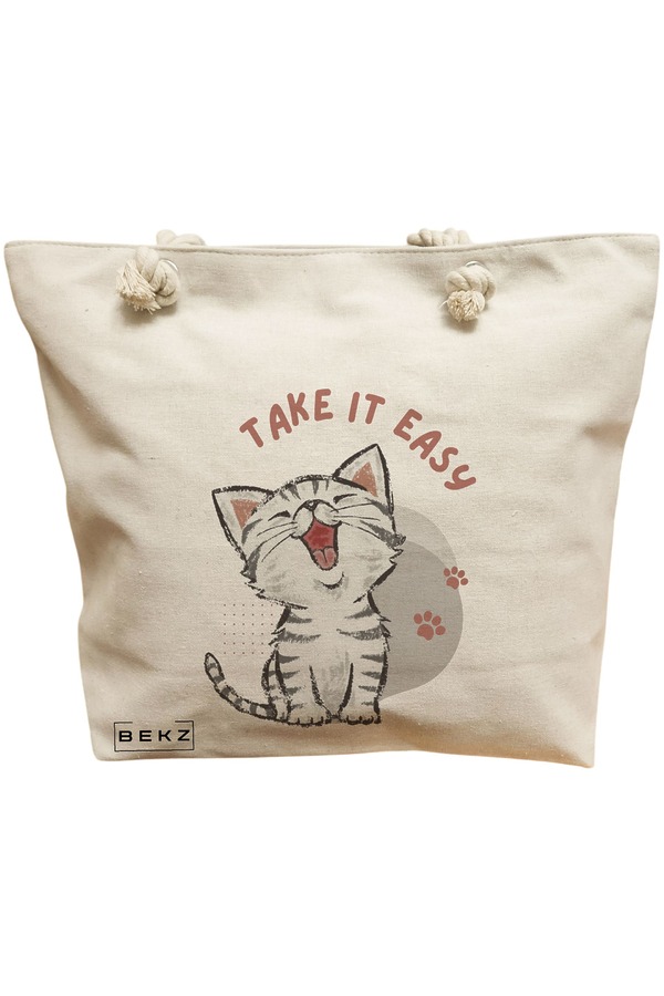 Geanta Canvas Tote pentru femei, model Take it Easy, 40x51 cm, Bej, BEKZ® 11 Geanta Canvas Tote pentru femei