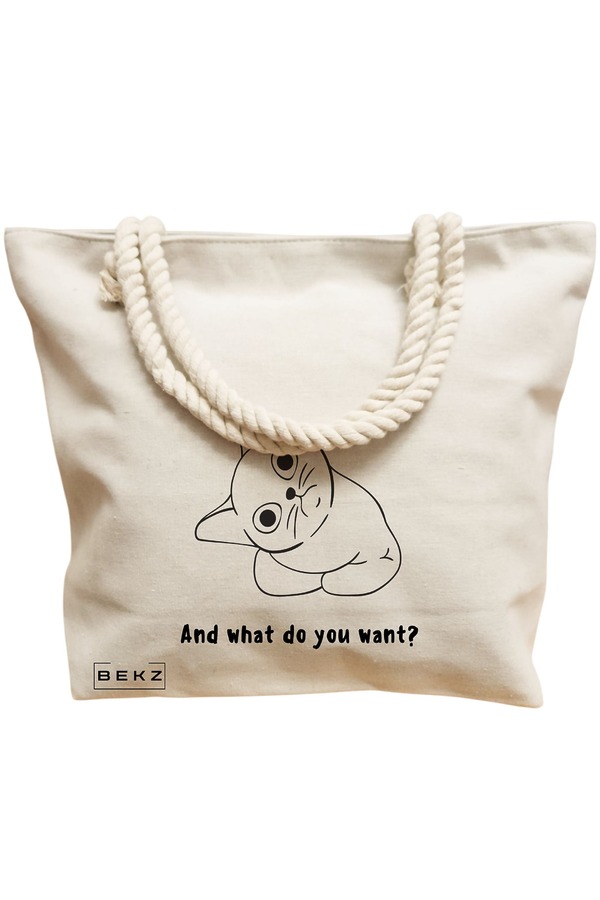 Geanta Canvas Tote pentru femei, model And what do you want?, 40x51 cm, Bej, BEKZ® 12 model And what do you want?