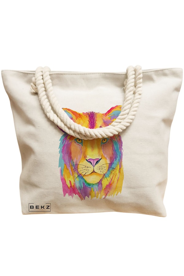 Geanta Canvas Tote pentru femei, model Watercolor Lion, 40x51 cm, Bej, BEKZ® 12 model Watercolor Lion