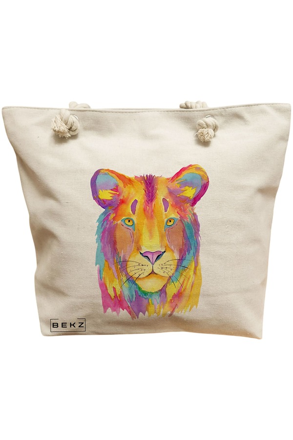 Geanta Canvas Tote pentru femei, model Watercolor Lion, 40x51 cm, Bej, BEKZ® 11 Geanta Canvas Tote pentru femei