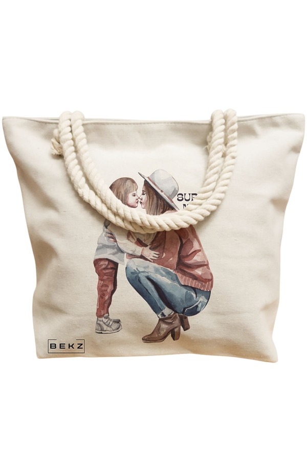 Geanta Canvas Tote pentru femei, model Super mom 3, 40x51 cm, Bej, BEKZ® 12 model Super mom 3