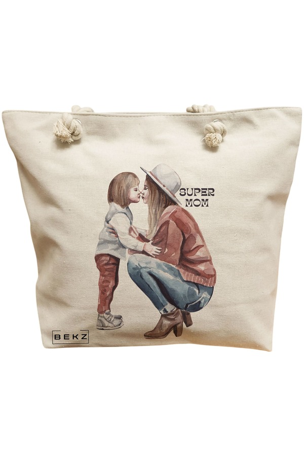 Geanta Canvas Tote pentru femei, model Super mom 3, 40x51 cm, Bej, BEKZ® 11 Geanta Canvas Tote pentru femei