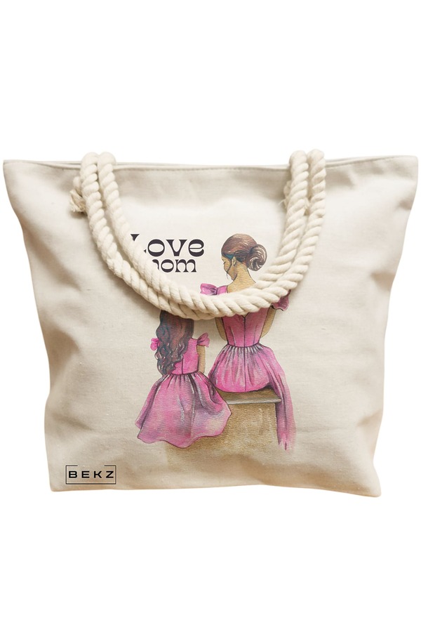 Geanta Canvas Tote pentru femei, model Love Mom, 40x51 cm, Bej, BEKZ® 12 model Love Mom