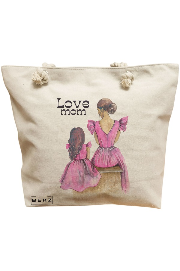 Geanta Canvas Tote pentru femei, model Love Mom, 40x51 cm, Bej, BEKZ® 11 Geanta Canvas Tote pentru femei
