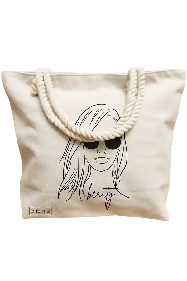 Geanta Canvas Tote pentru femei, model Beauty Girl, 40x51 cm, Bej, BEKZ® 12 model Beauty Girl