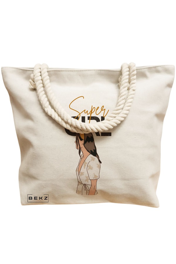 Geanta Canvas Tote pentru femei, model Super Girl, 40x51 cm, Bej, BEKZ® 12 model Super Girl