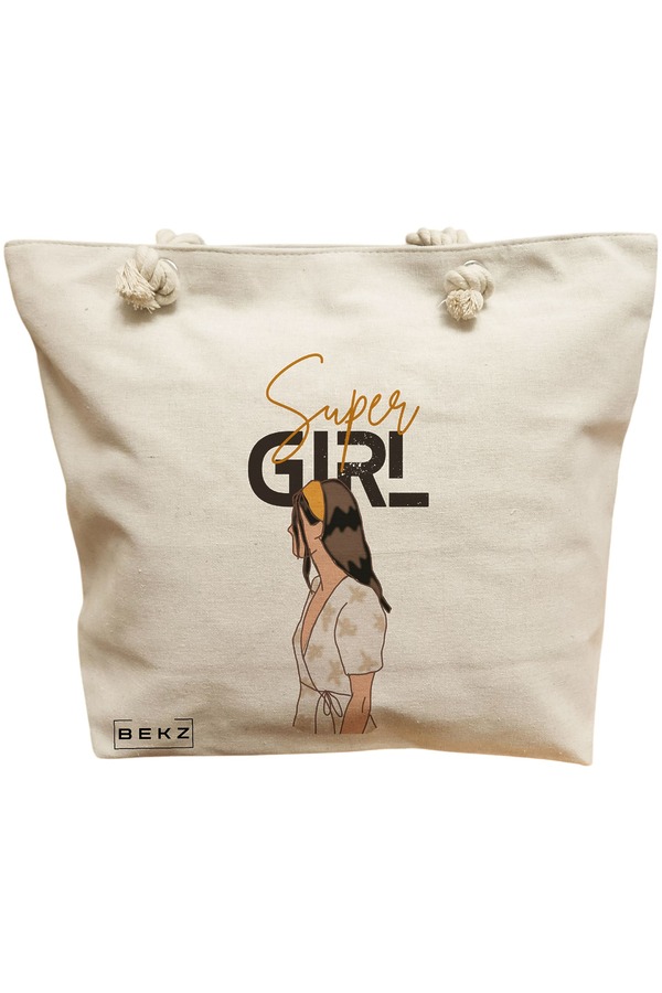 Geanta Canvas Tote pentru femei, model Super Girl, 40x51 cm, Bej, BEKZ® 11 Geanta Canvas Tote pentru femei