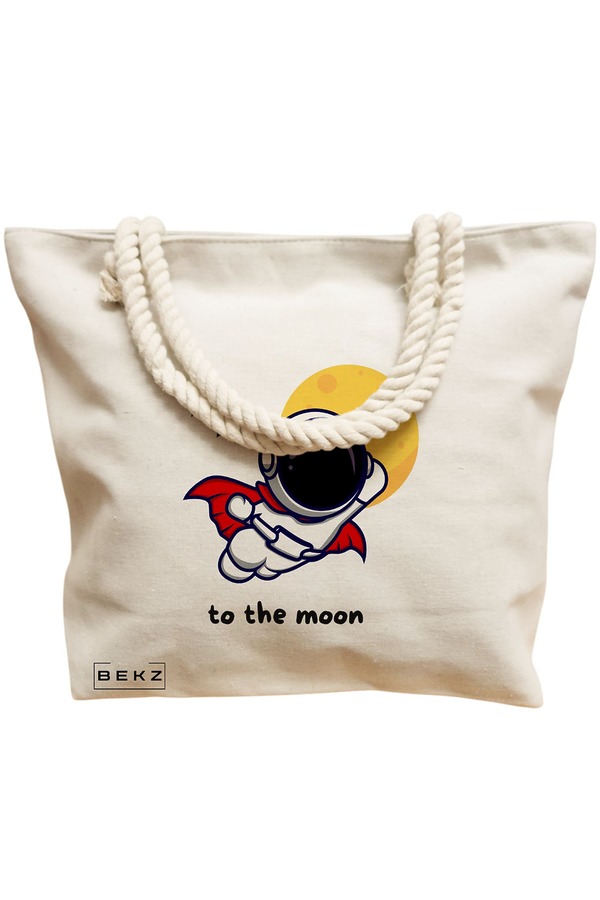 Geanta Canvas Tote pentru femei, model To the moon, 40x51 cm, Bej, BEKZ® 12 model To the moon