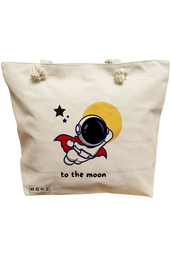 Geanta Canvas Tote pentru femei, model To the moon, 40x51 cm, Bej, BEKZ® 11 Geanta Canvas Tote pentru femei