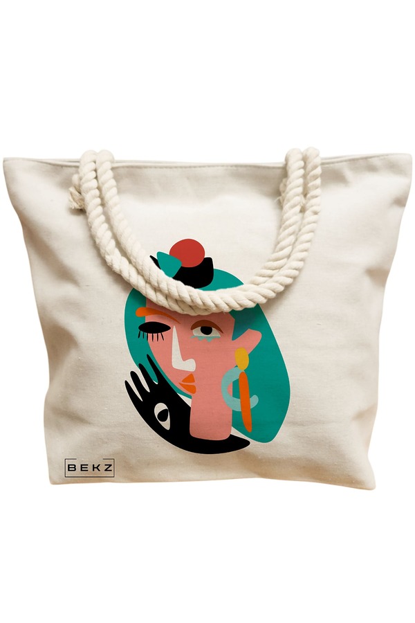 Geanta Canvas Tote pentru femei, model Abstract face, 40x51 cm, Bej, BEKZ® 12 model Abstract face