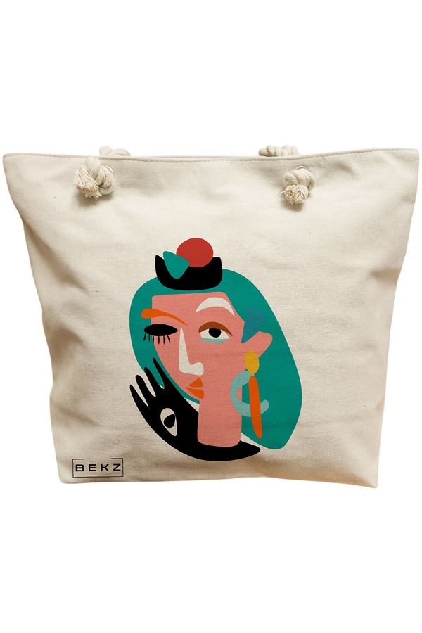Geanta Canvas Tote pentru femei, model Abstract face, 40x51 cm, Bej, BEKZ® 11 Geanta Canvas Tote pentru femei