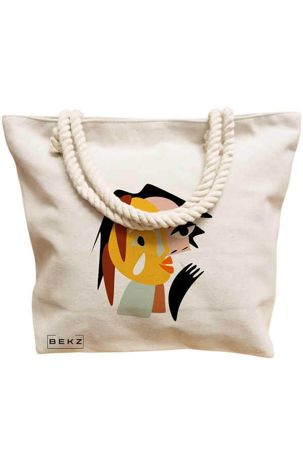 Geanta Canvas Tote pentru femei, model Abstract face 2, 40x51 cm, Bej, BEKZ® 12 model Abstract face 2