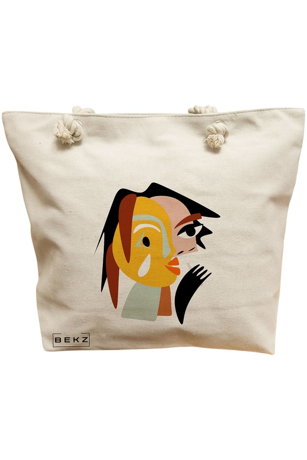 Geanta Canvas Tote pentru femei, model Abstract face 2, 40x51 cm, Bej, BEKZ® 11 Geanta Canvas Tote pentru femei