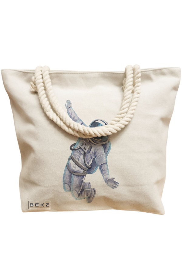 Geanta Canvas Tote pentru femei, model Astronaut, 40x51 cm, Bej, BEKZ® 12 model Astronaut