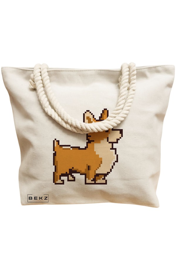 Geanta Canvas Tote pentru femei, model 8bit Doggo, 40x51 cm, Bej, BEKZ® 12 model 8bit Doggo