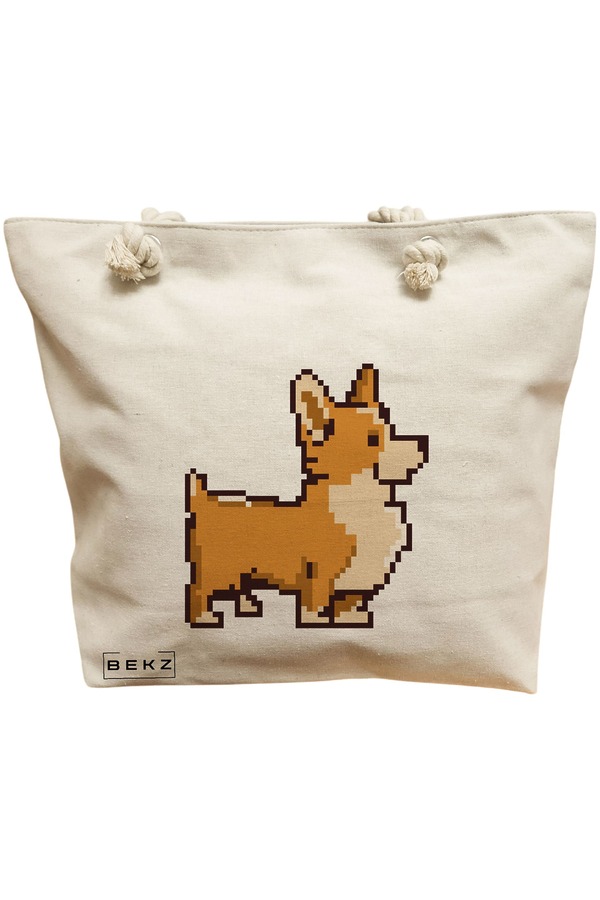 Geanta Canvas Tote pentru femei, model 8bit Doggo, 40x51 cm, Bej, BEKZ® 11 Geanta Canvas Tote pentru femei