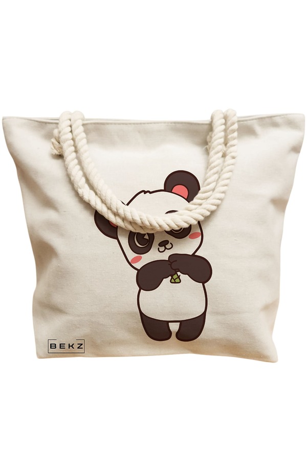 Geanta Canvas Tote pentru femei, model Panda Love, 40x51 cm, Bej, BEKZ® 12 model Panda Love