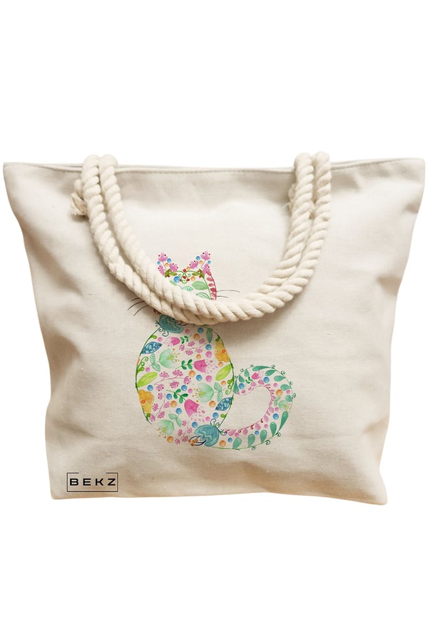 Geanta Canvas Tote pentru femei, model Floral Cat, 40x51 cm, Bej, BEKZ® 11 model Floral Cat