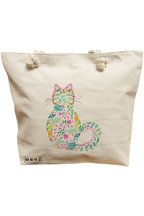 Geanta Canvas Tote pentru femei, model Floral Cat, 40x51 cm, Bej, BEKZ® 12 Geanta Canvas Tote pentru femei